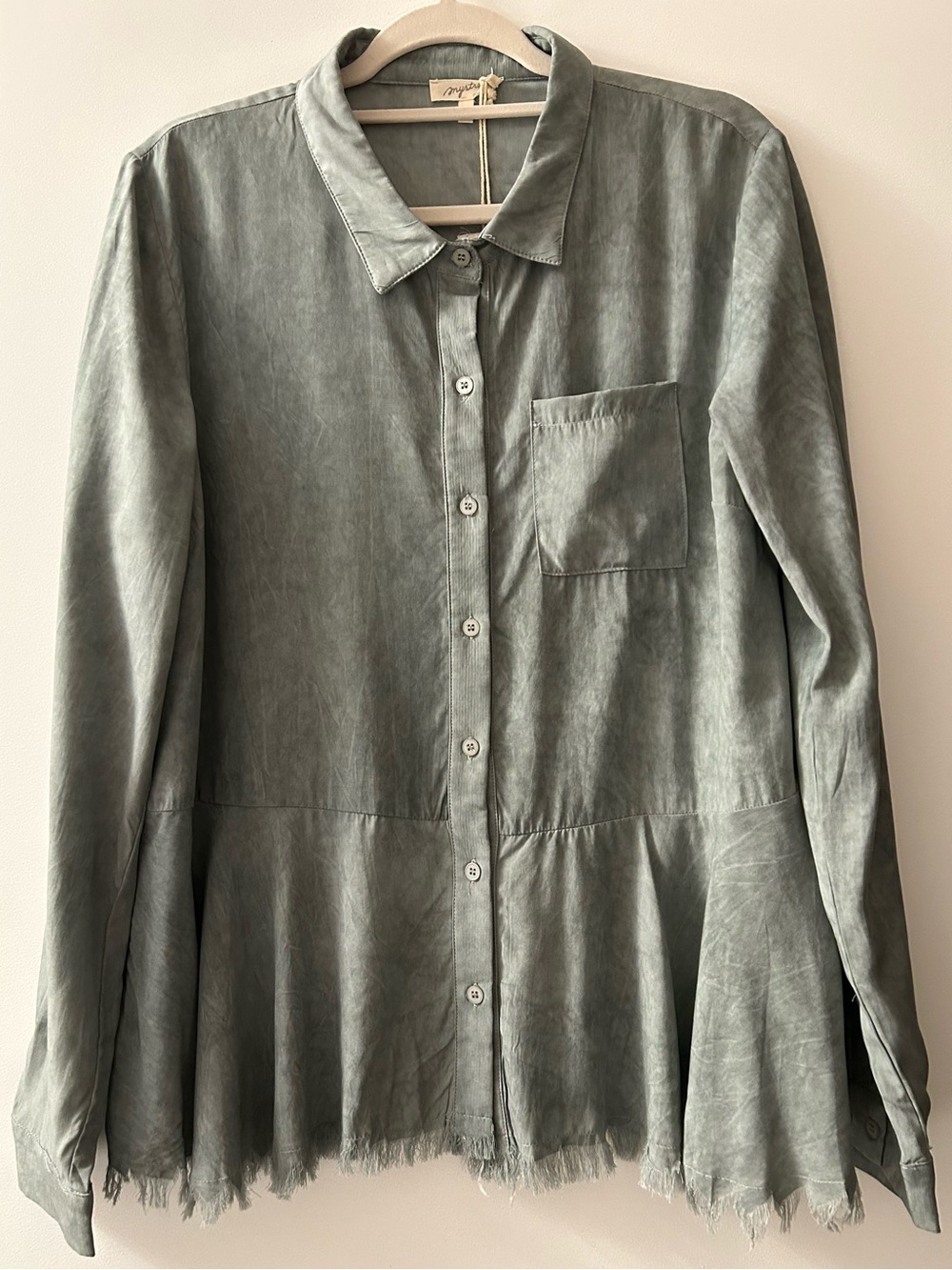 NWT - Mystree “Sueded” Blouse in Sage w. Distressed Hemline
